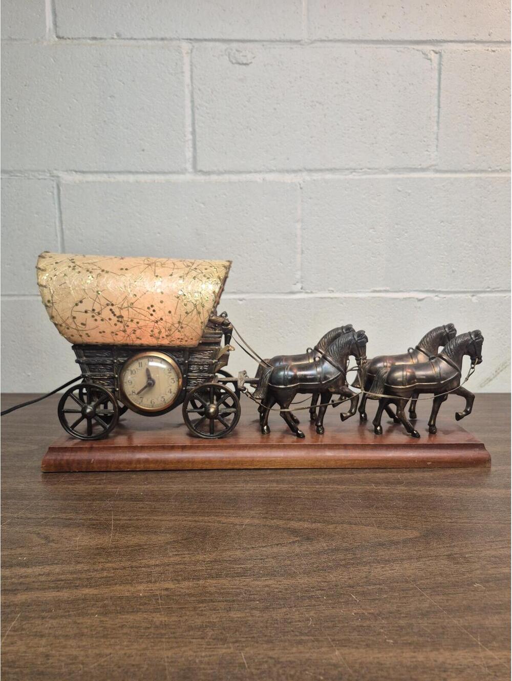 Vintage Covered Wagon Horse-Drawn Lamp with operating clock